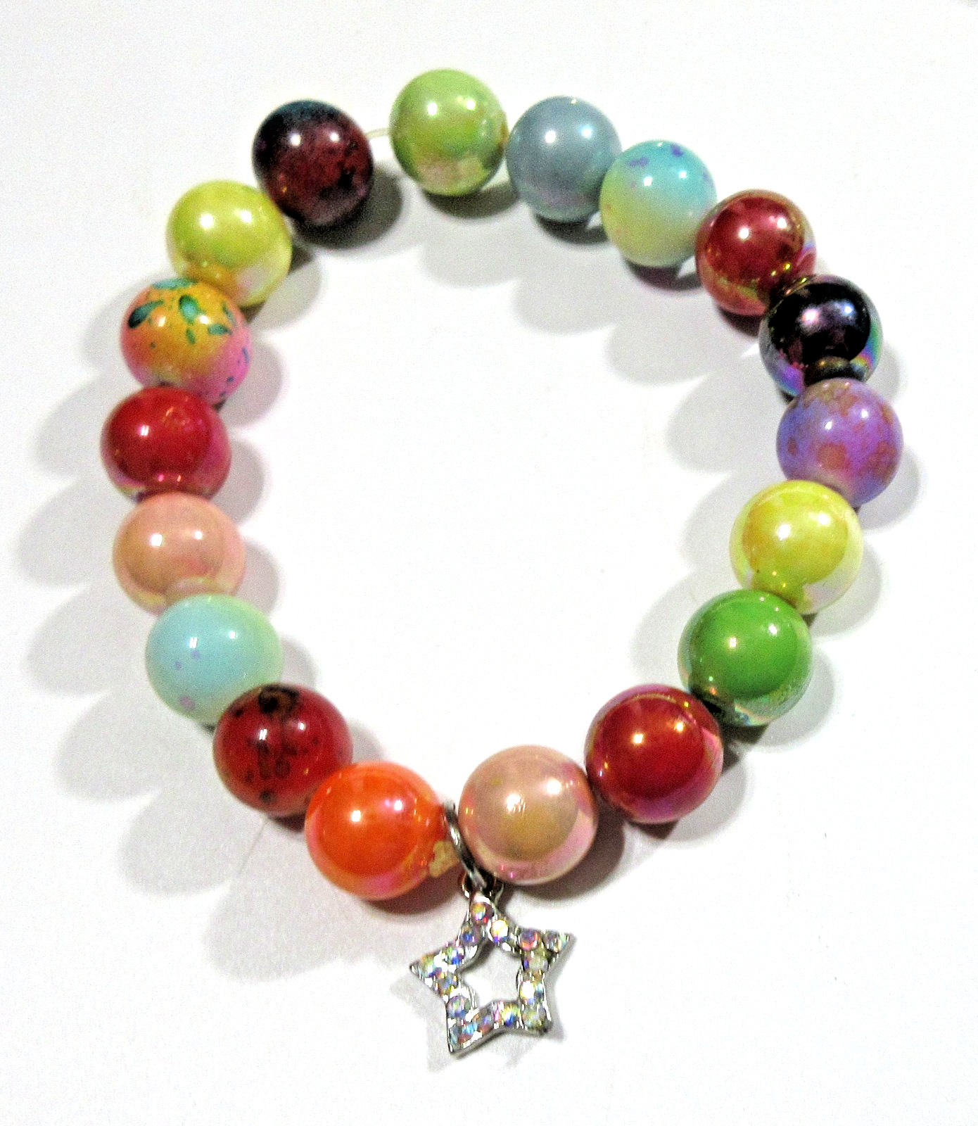 COLORFUL STRETCH BEAD BRACELET STAR CHARM pink silver tone yellow pink blue red