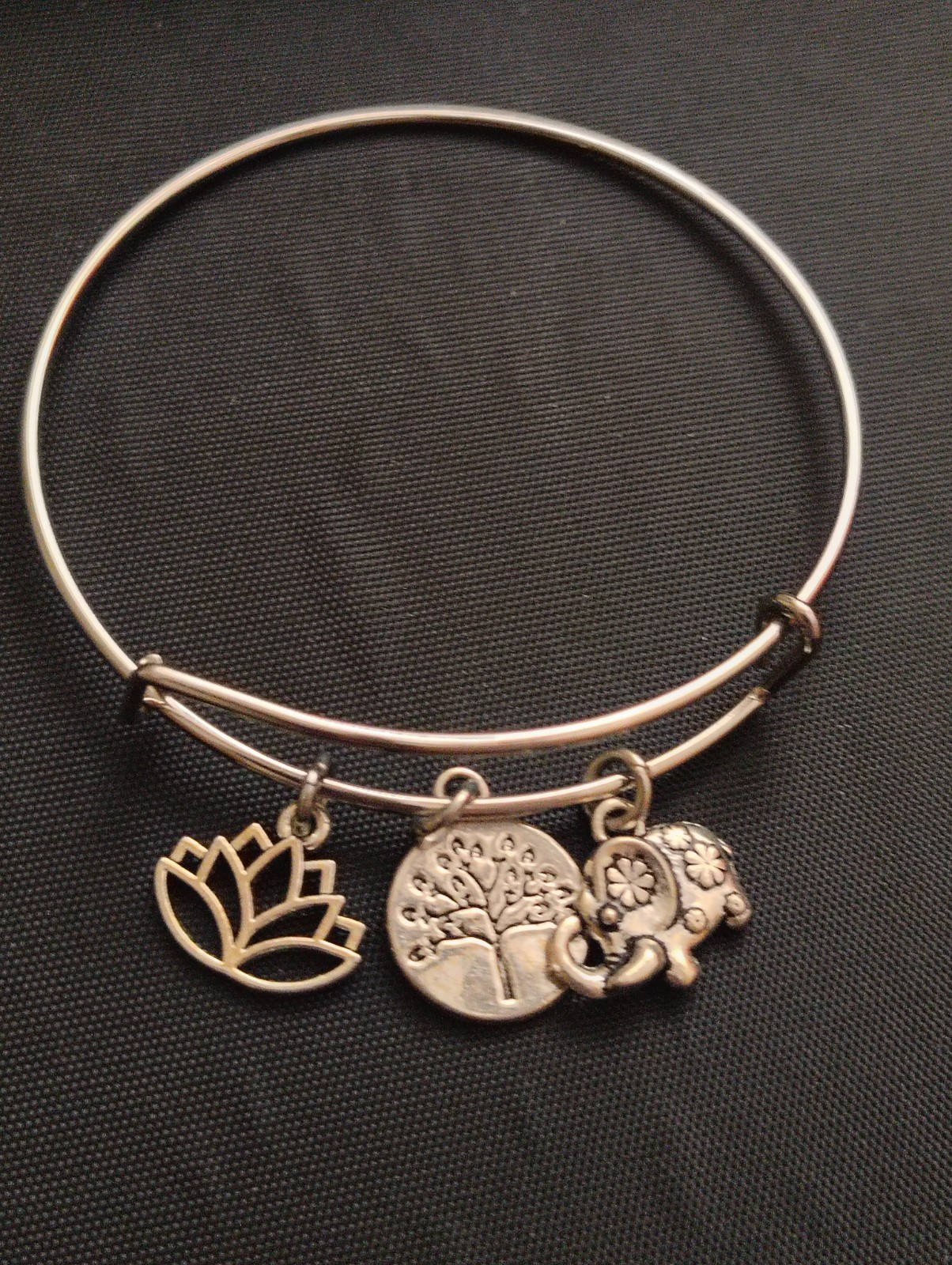Silver Tone Adjustable Wire Bangle Charm Bracelet Tree Lotus Elephant Dangle