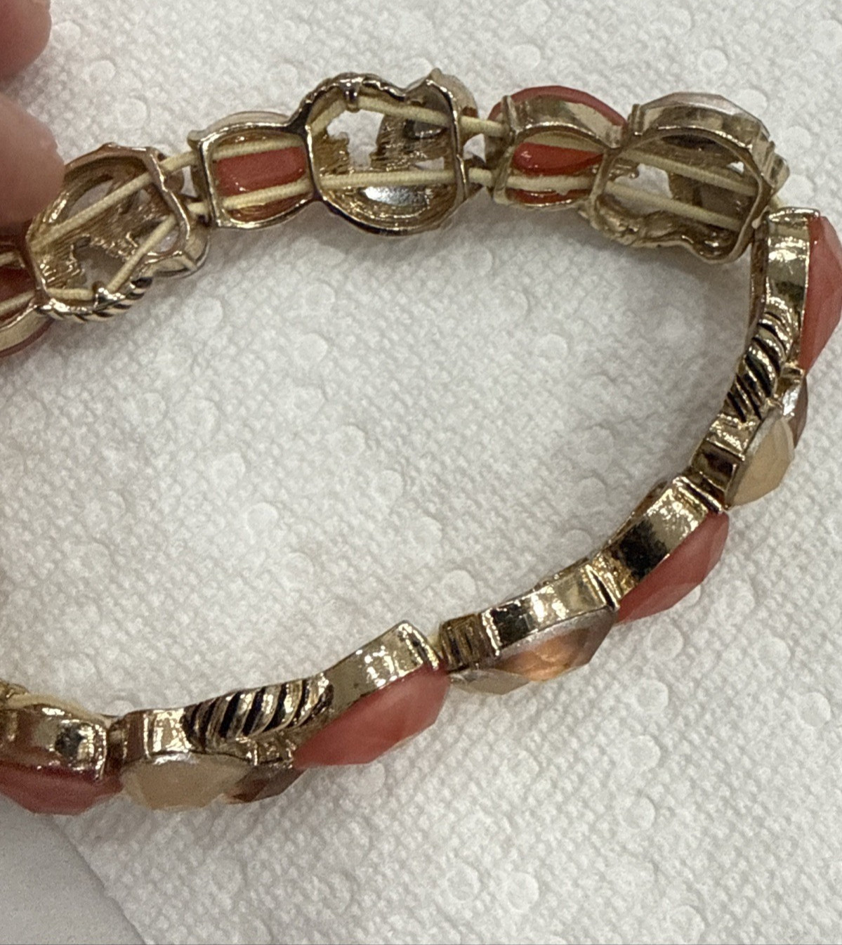 2-Napier Orange Coral Cabochon Gold Tone Tennis Stretch Bracelets Signed VTG 7″