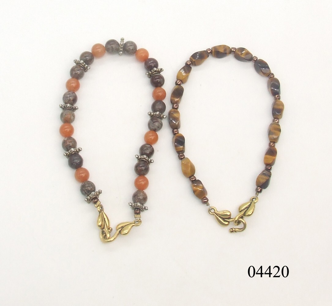 2 Gemstone Bead Bracelets Orange & Brown Agate/Cats Eye & Bronze Gold Heart Hook