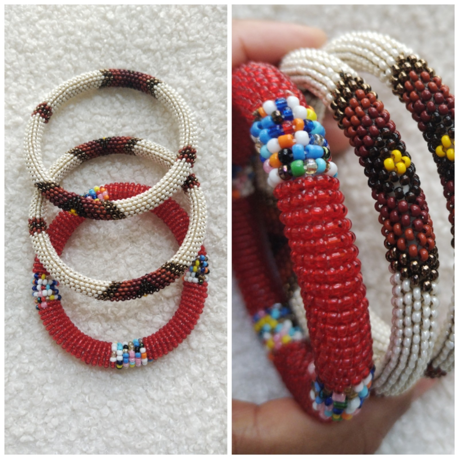 3 X Glass seed Beaded Maasai Bangles Bundle, Brown, Cream, Red, Multi Coloured