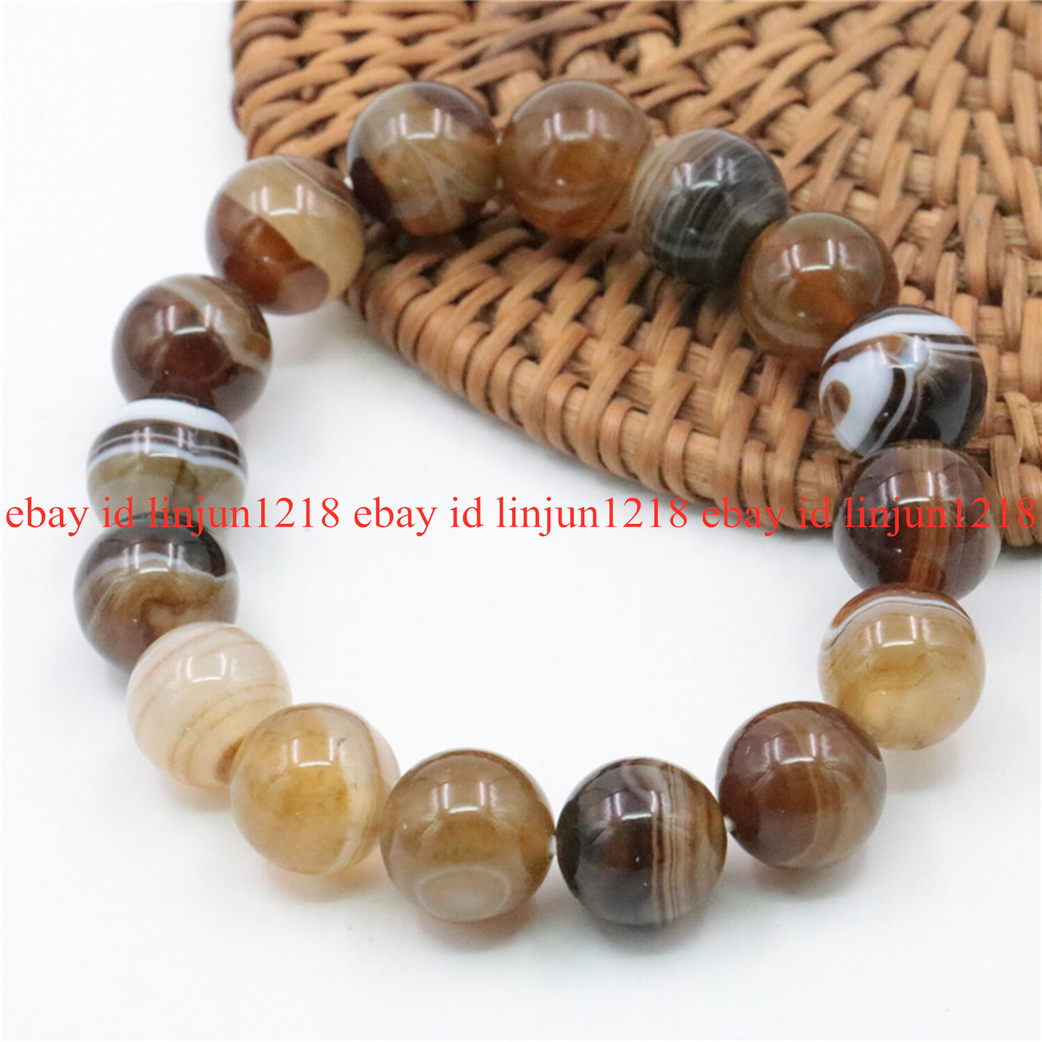 Natural 6/8/10/12mm Brown Striped Agate Round Beads Stretch Bracelet 7.5″