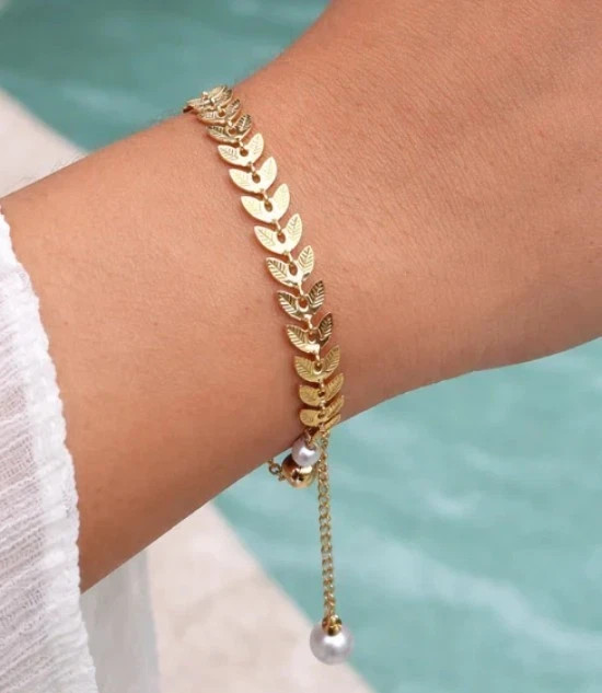 Women’s Gold Tone Leaf Bracelet Faux Pearl Adjustable Chain Botanical Jewelry