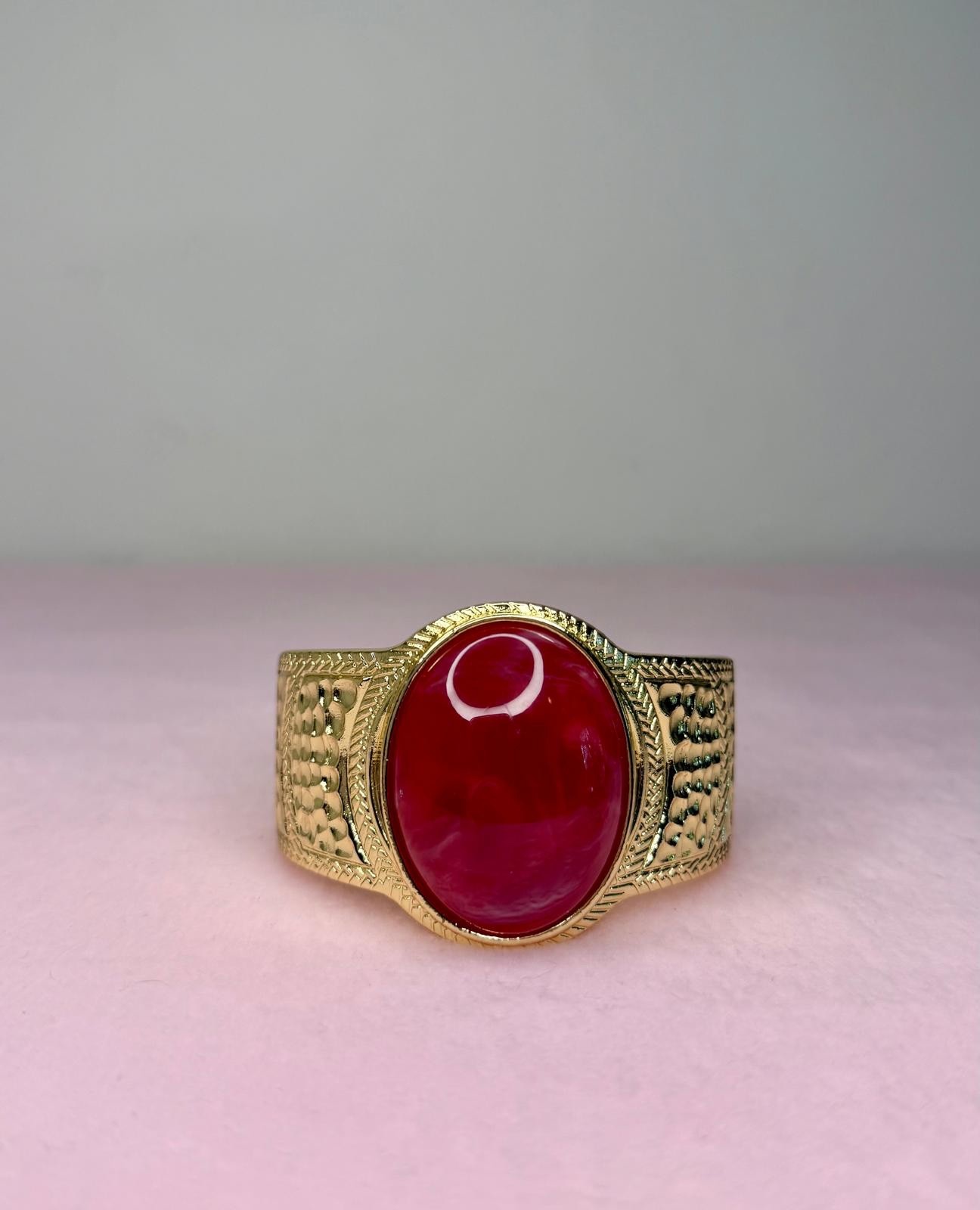 Gold Tone Red Stone Cuff Bracelet, Wide Statement Bangle, Vintage Boho