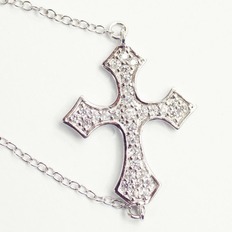 Sterling silver white/colorless CZ pavé cable chain cross bracelet