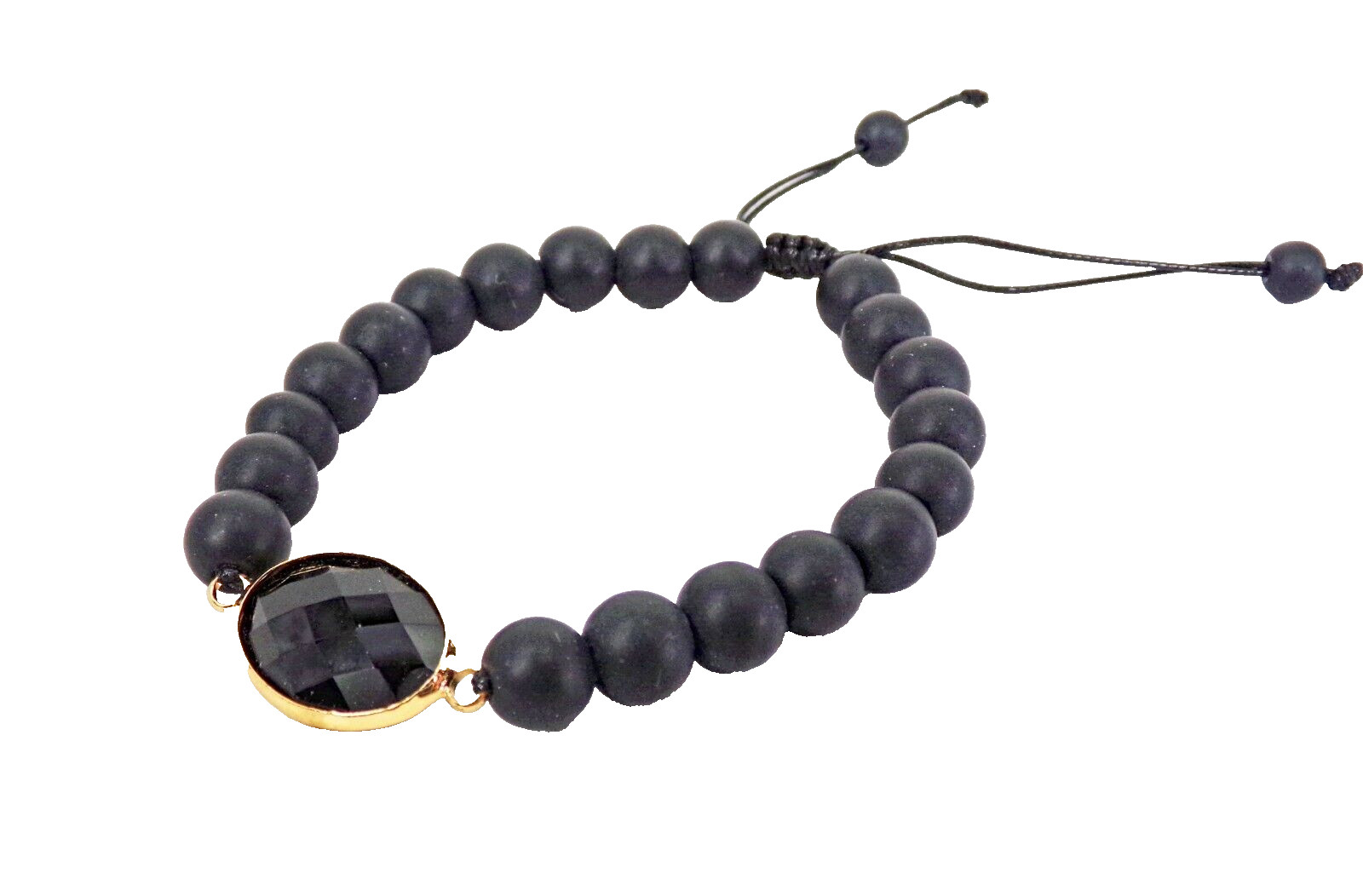 Black stone bead bracelet with black glass bead and adjustable size tie back New