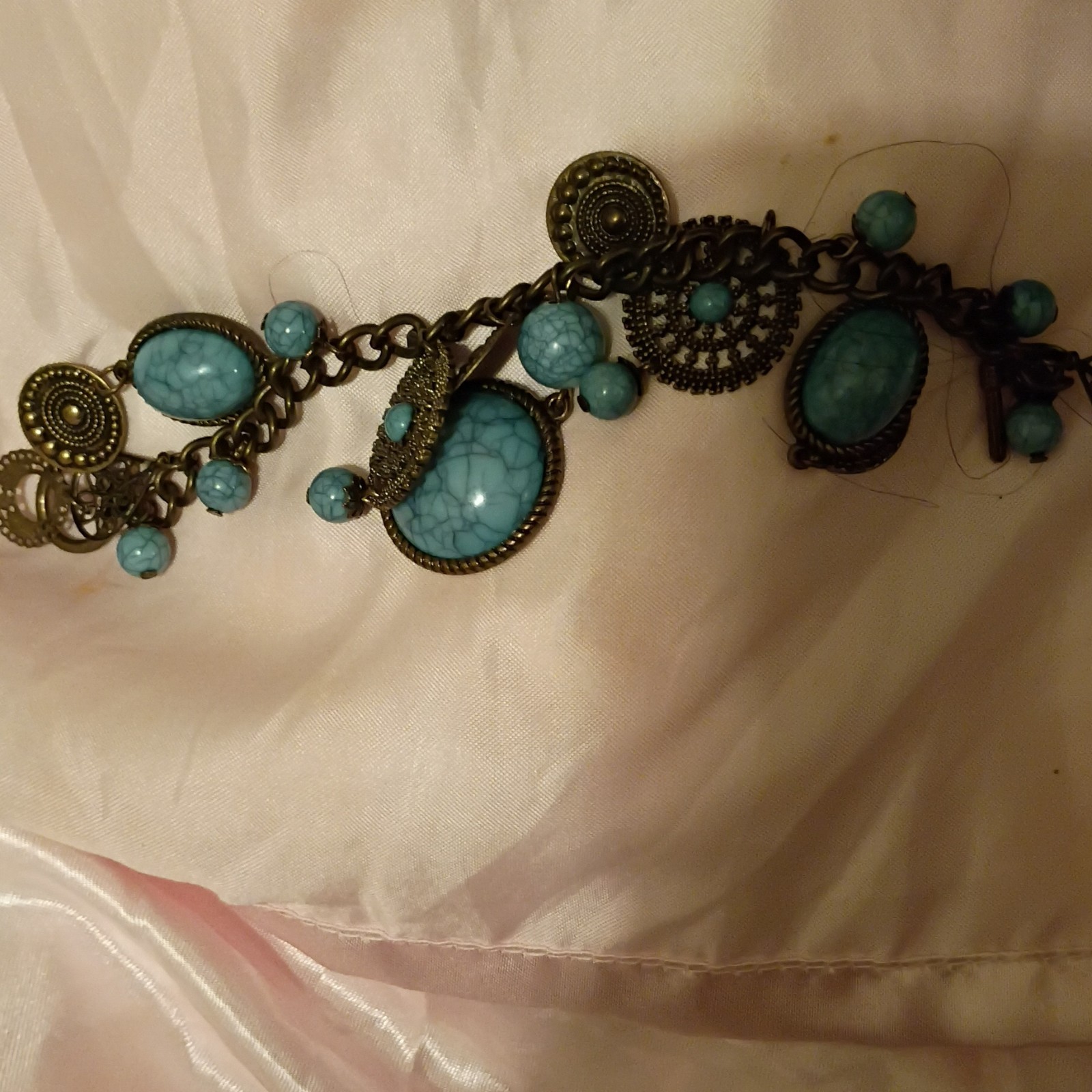 Blue Oval Bezel-Set Stone Cable Chain Dangle Charm Bracelet, Toggle Closure