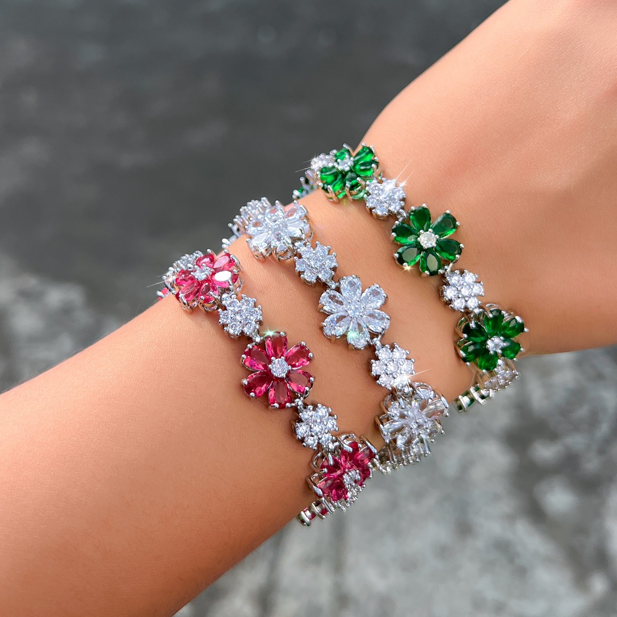 Sparkly Yellow Gold Plated Cubic Zirconia Flower Tennis Bracelet for Women Party