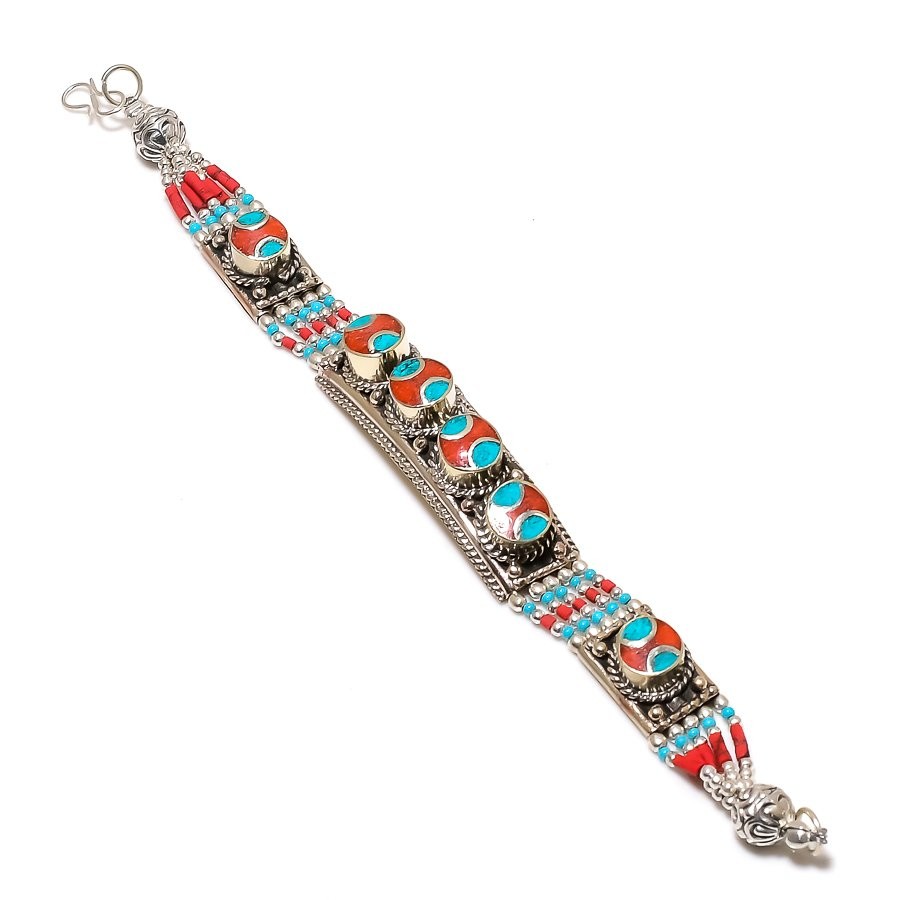 Red Coral Turquoise Gemstone Bracelet Tibetan Silver Nepali Jewelry 7″ NBB 3236