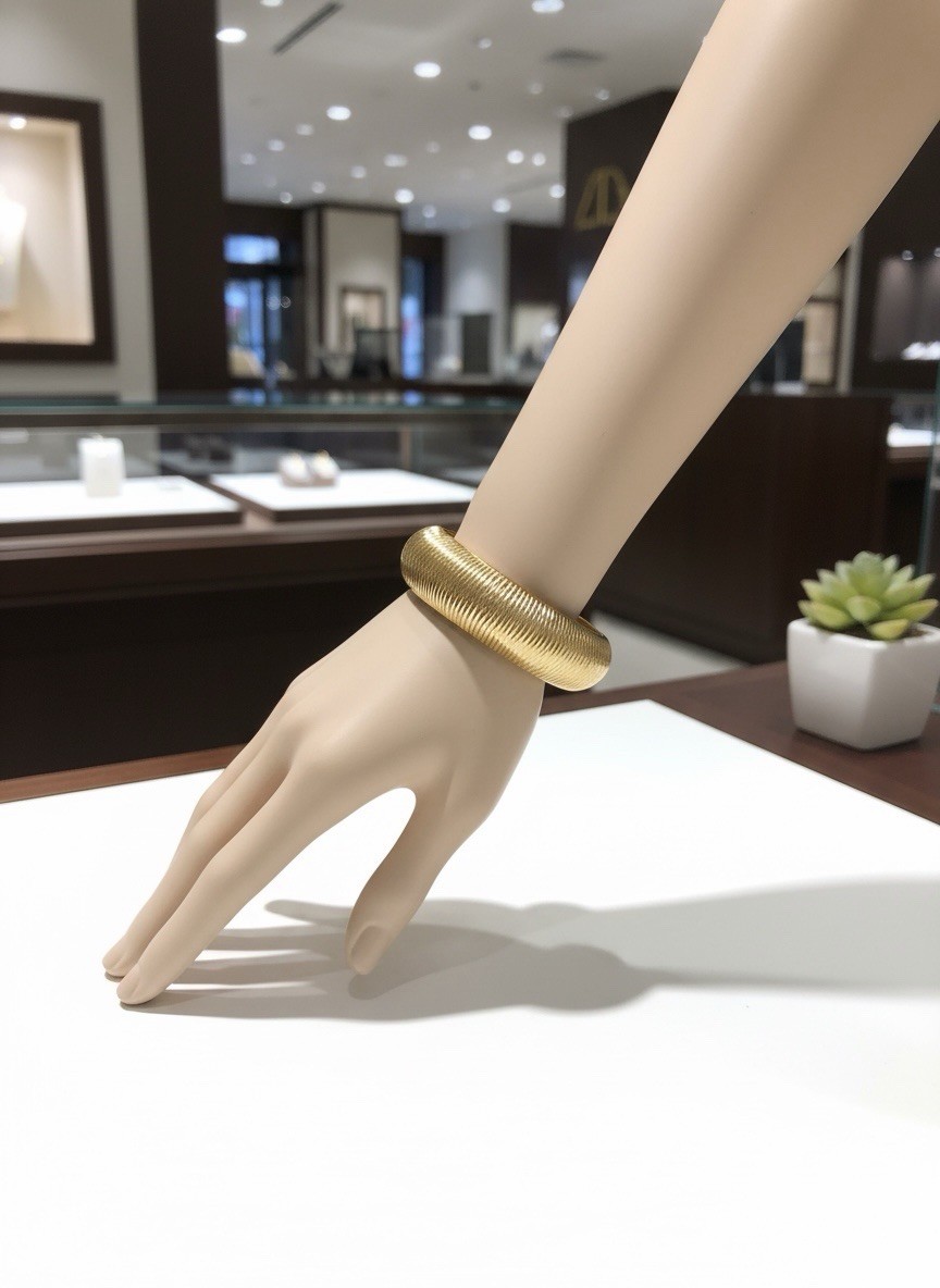 Gold Tone Ribbed Dome Bangle Bracelet Round Shape Metal No Stone Accent