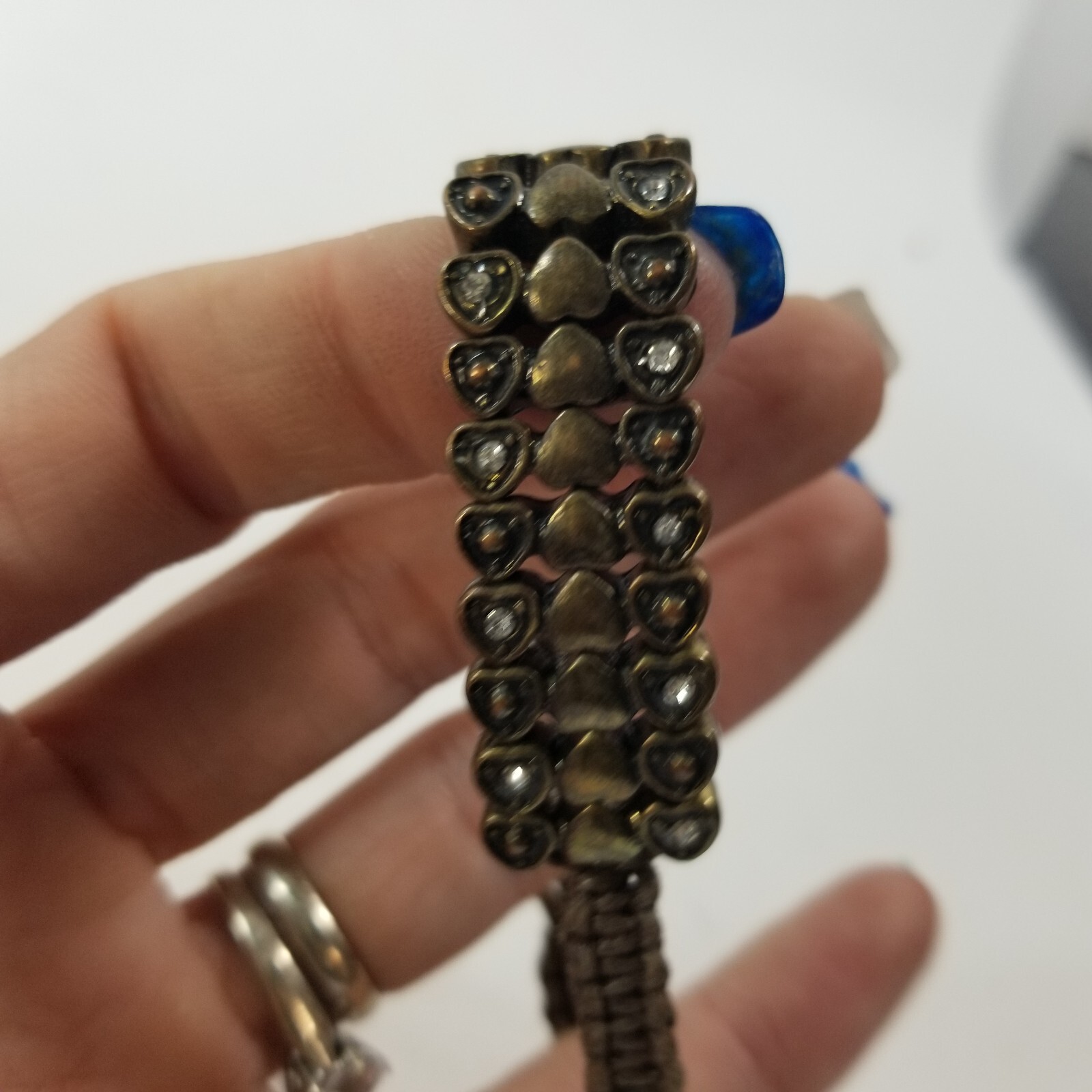 Bracelet Brown Cord String w/ Heart & Rhinestones