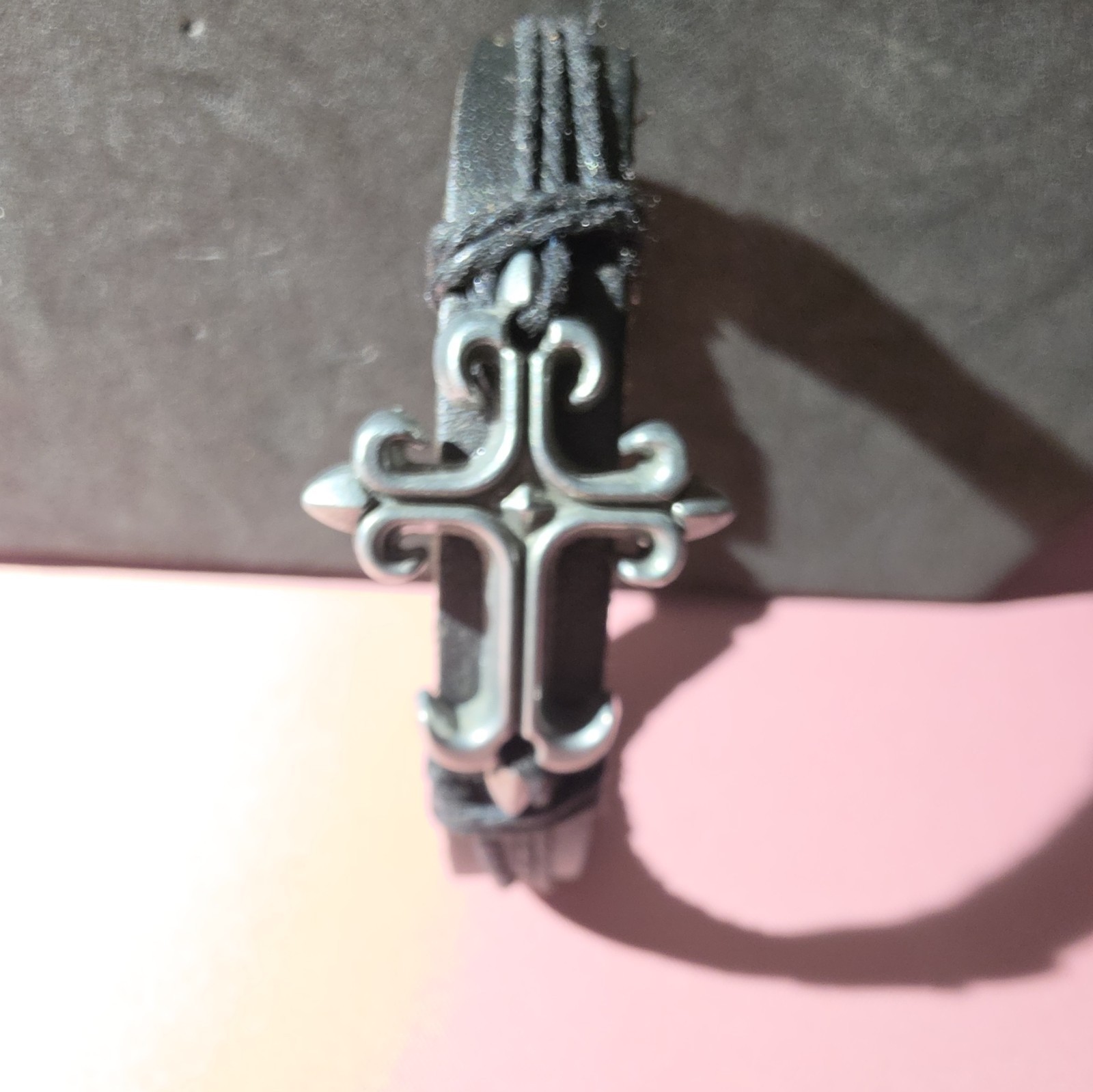 Black Leather Cuff Bracelet Silver Tone Cross Buckle Closure Religious Theme