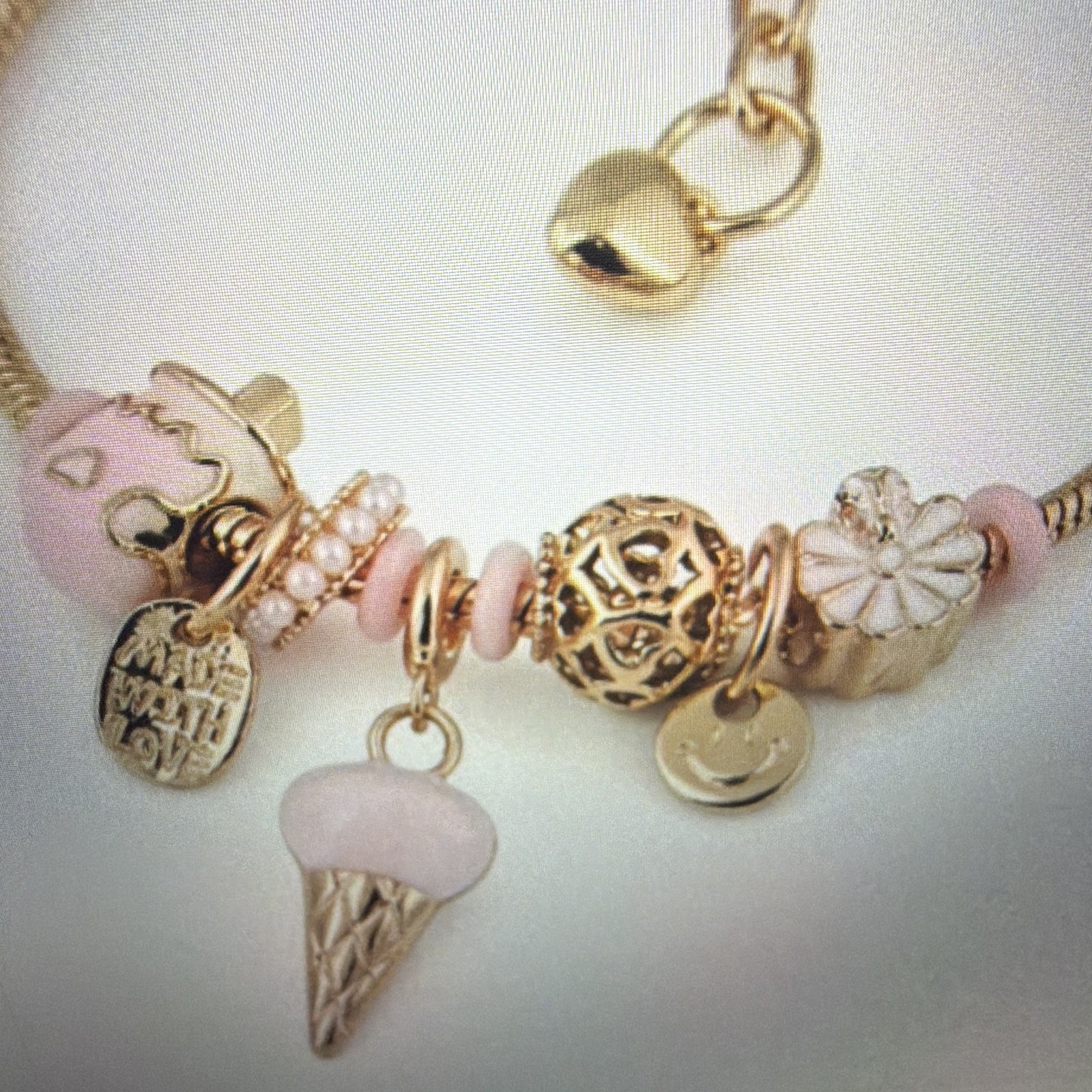 Gold Tone Snake Chain Charm Bracelet Heart Dangle Pink Ice Cream Cone Lobster