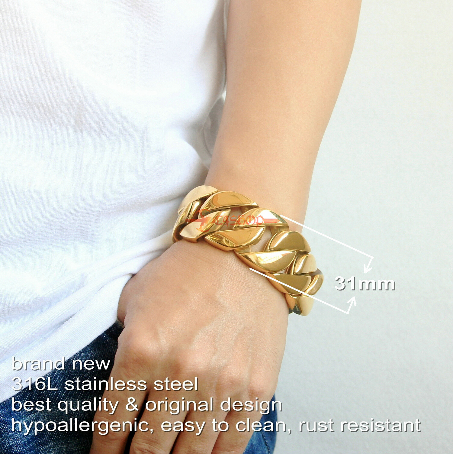 Huge Heavy Men’s Cuban Chain Link Bracelet 316L Stainless Steel Gold Plated 31mm