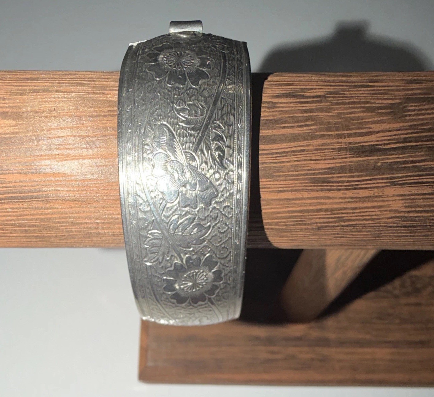 Silver-Tone Engraved Hinged Cuff Bangle Bracelet Metal No Stone