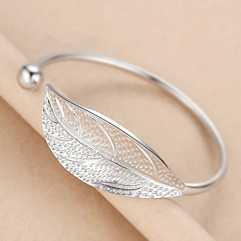 925 Sterling Silver Woman Cuff Bracelet Open Leaf Shaped Adjustable