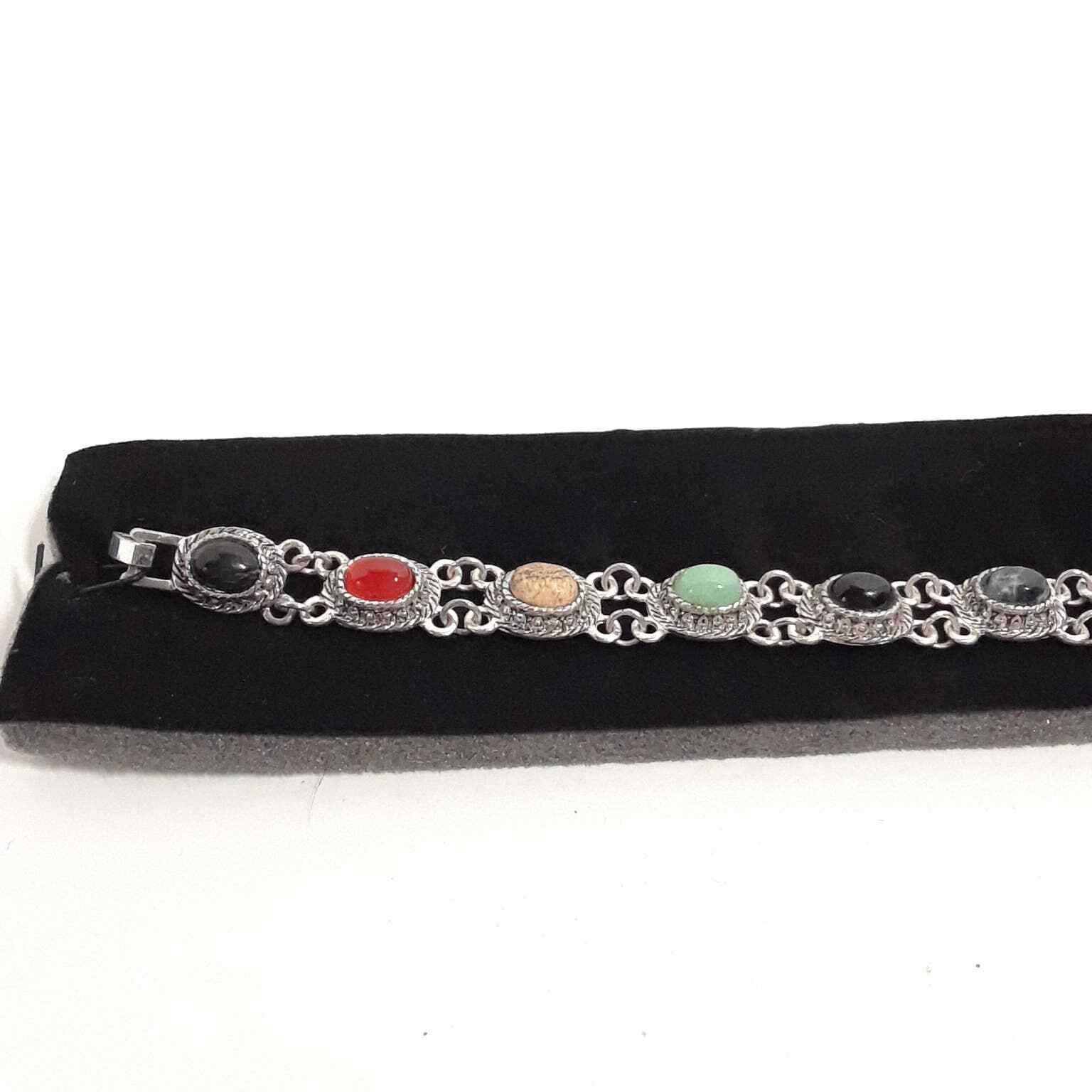 Silver Tone Bracelet, NEW Chain Colorful Glass Gemstone? Thailand Pink Red 7″