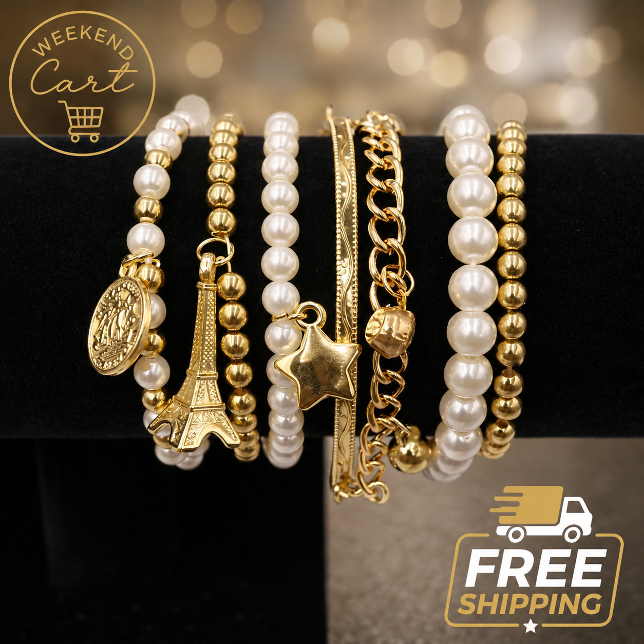 6PC Women’s Gold Tone Pearl Bracelet Set Coin Eiffel Tower Star Stack Jewelry