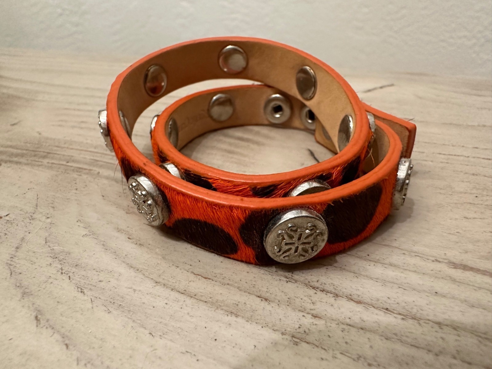 Rustic Cuff Orange Faux Fur Double Wrap Bracelet Silver Hardware