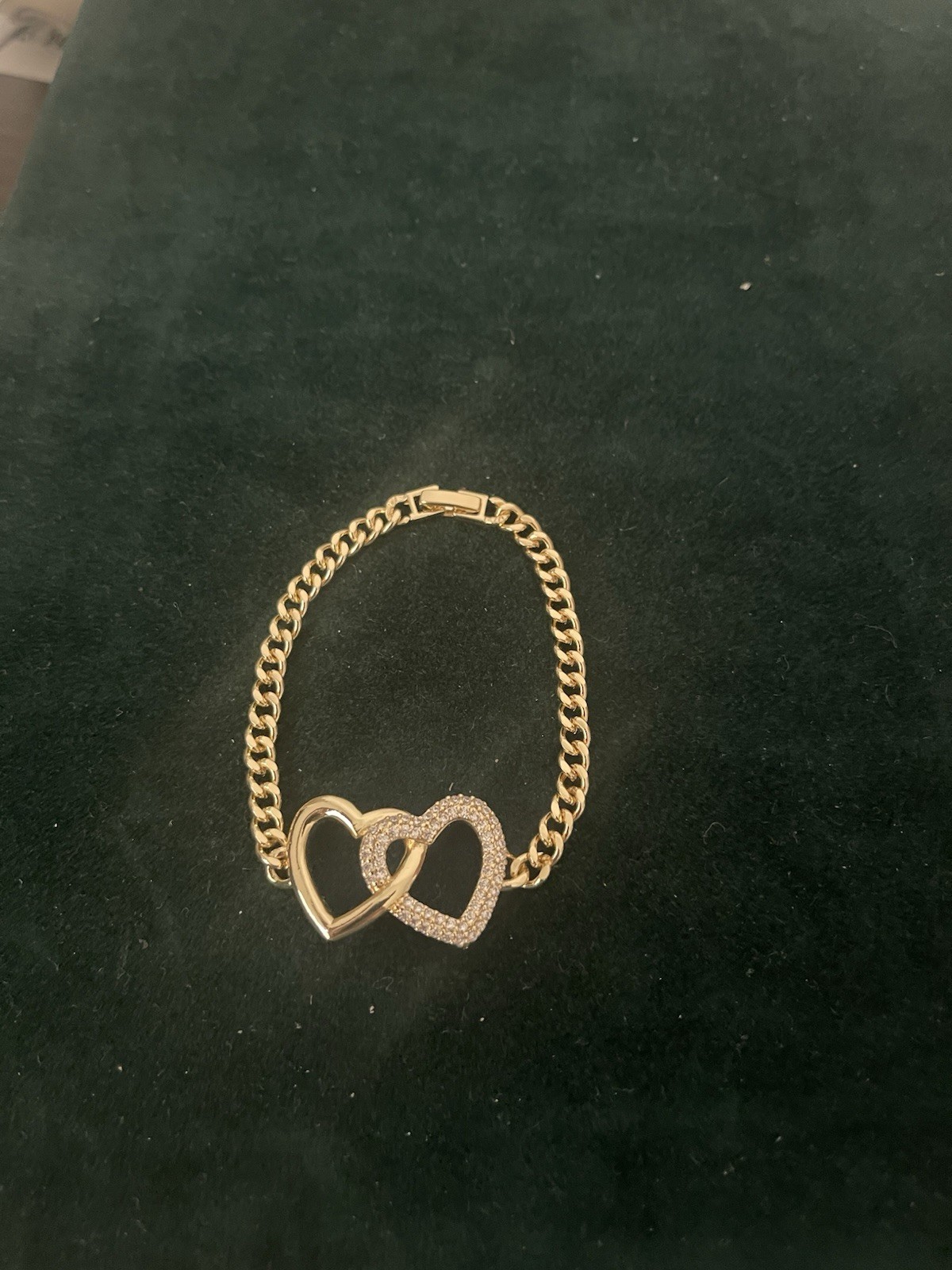 Gold Tone Stainless Steel Curb Chain Bracelet Double Heart Dangle Lobster