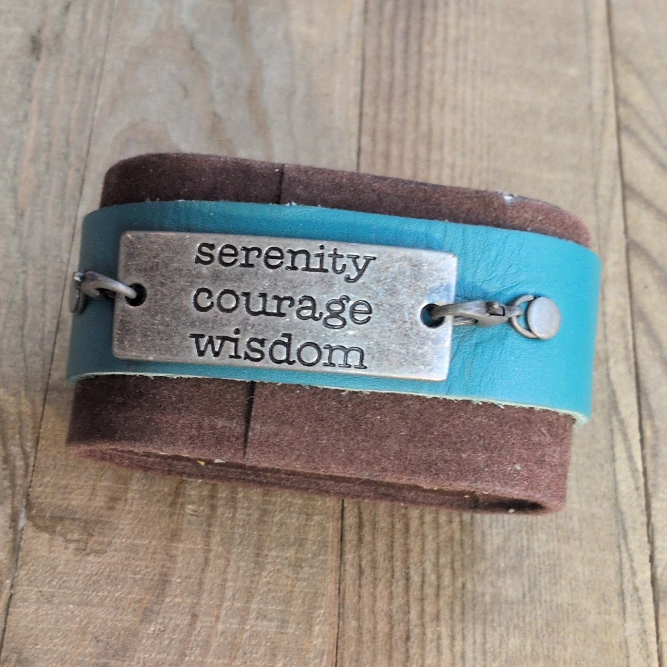 Leather Cuff Bracelet Blue/Brown Adjustable Snap Wire Chain Engraved Serenity