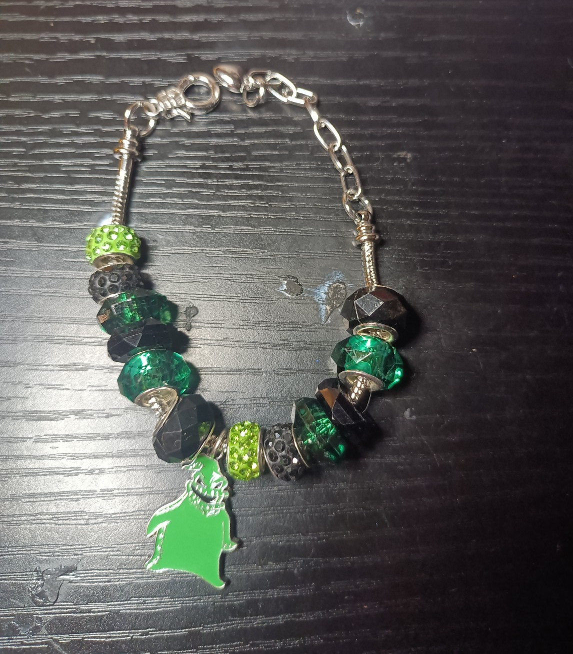 Green Black Silver Glass Beaded Charm Bracelet Handmade