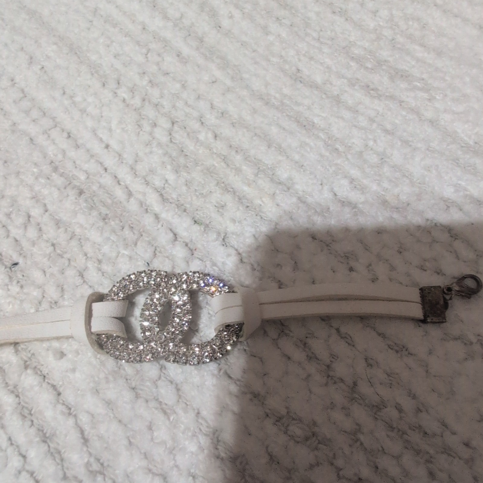 White Faux Leather Silver Cable Chain Bracelet Pave Clear Crystal Buckle