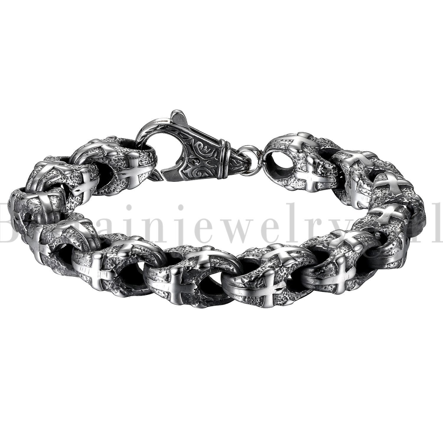 Gothic Men Stainless Steel Heavy Chain Link Cross Bracelet Bangle Wristband
