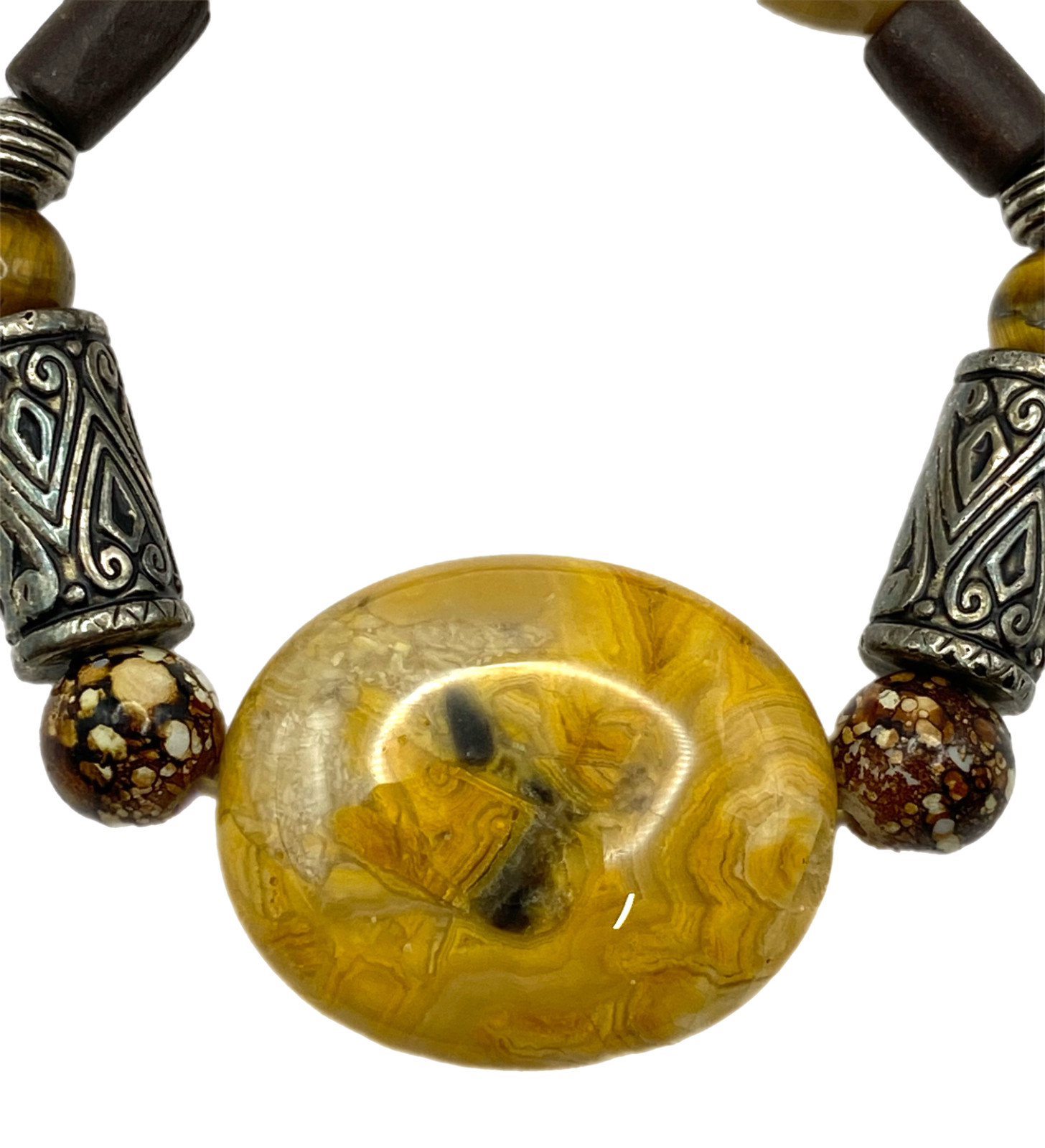 Tan Brown Orange Agate Tigers Eye Glass Stretch Bracelet Wood Beaded Silver Tone