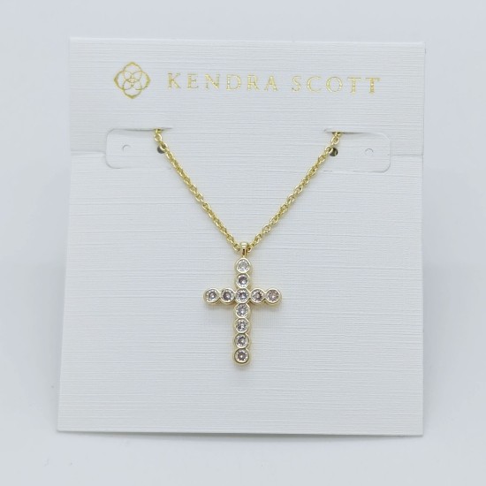 New Kendra Scott Cross Crystal Gold Pendant Necklace in White Cubic Zirconia