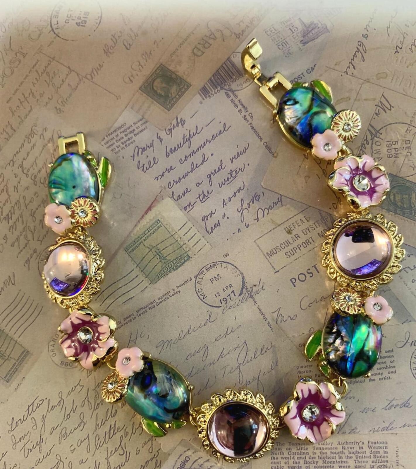 Floral Enamel Bracelet Faux Abalone Cabochon Purple Glass Yellow Metal Botanical