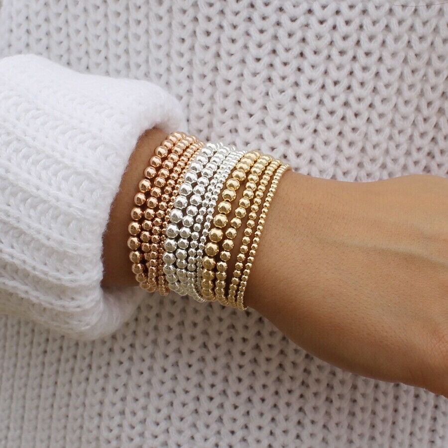 3mm 4mm 6mm 8mm Women Men 18k Gold Filled Bead Elastic Bracelet Bohemian Jewelry
