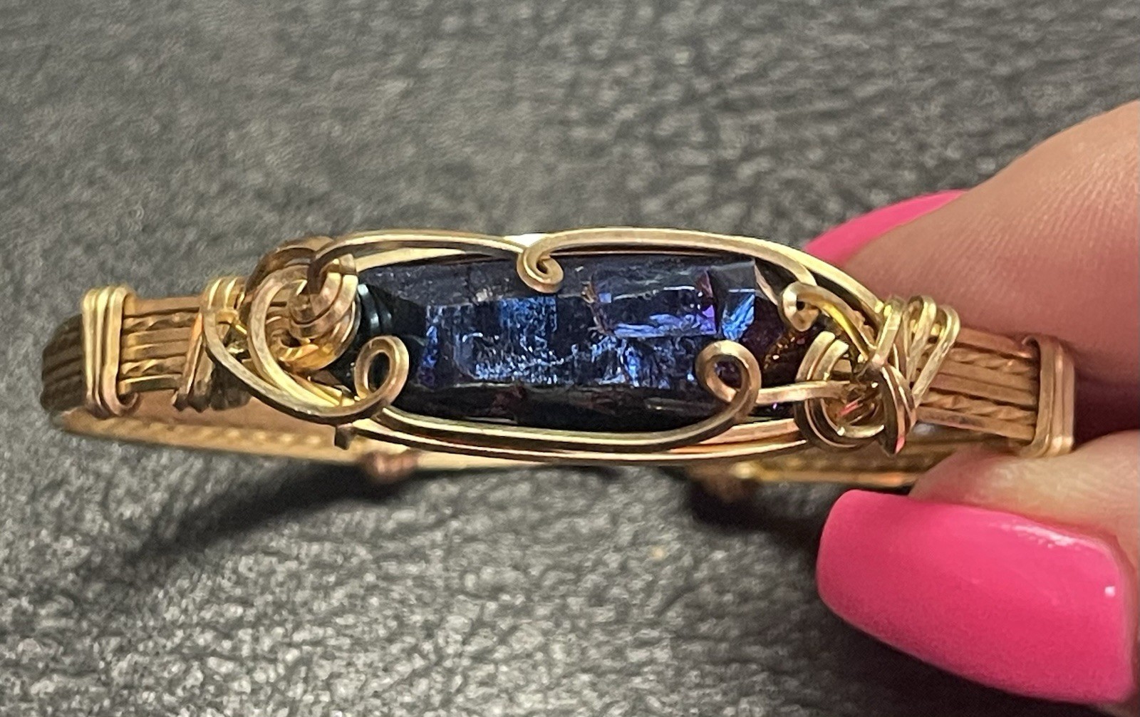 Handmade Gold Tone Wire Wrapped Bangle Bracelet w/ Blue Baguette Crystal Stone