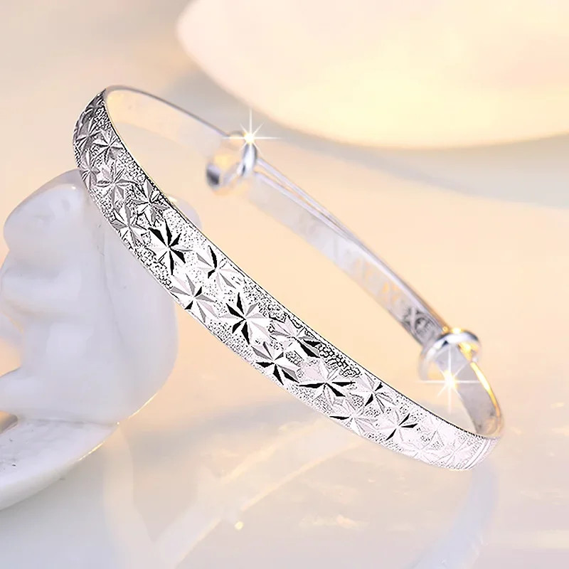 925 Sterling Solid Silver Ball End Open Cuff Love Bangle Women’s Bracelet