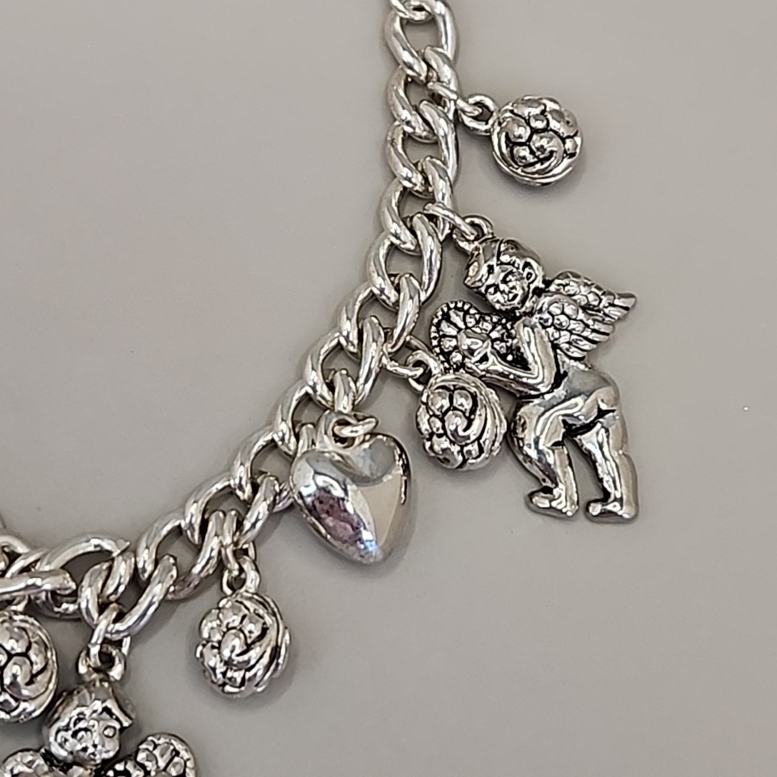 Heart Charm Bracelet Cherub Dangles Silver Tone Angels 7.5″