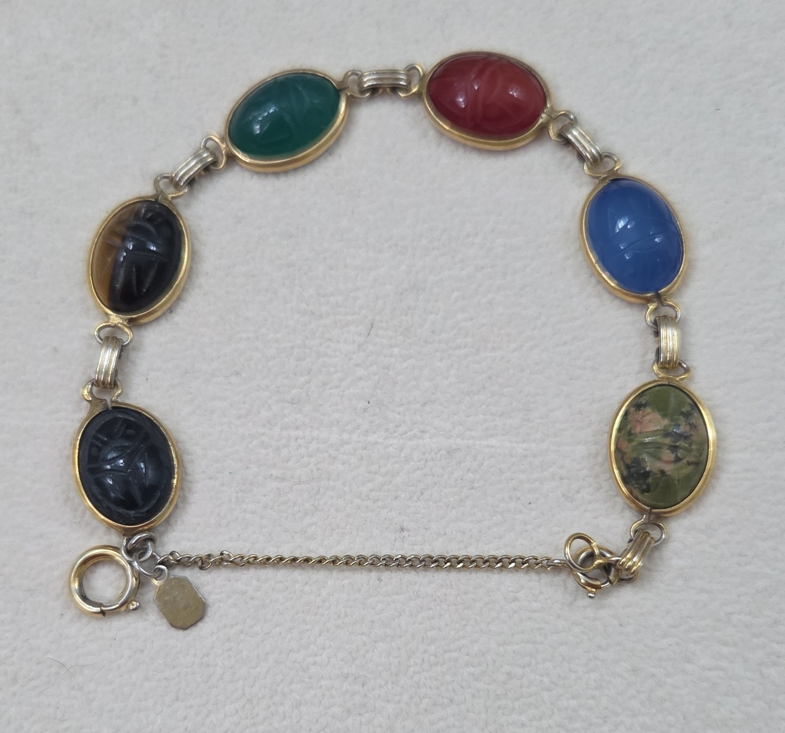 Karen Lynne Signed Multicolor Oval Cabochon Link Bracelet Bezel Spring Ring