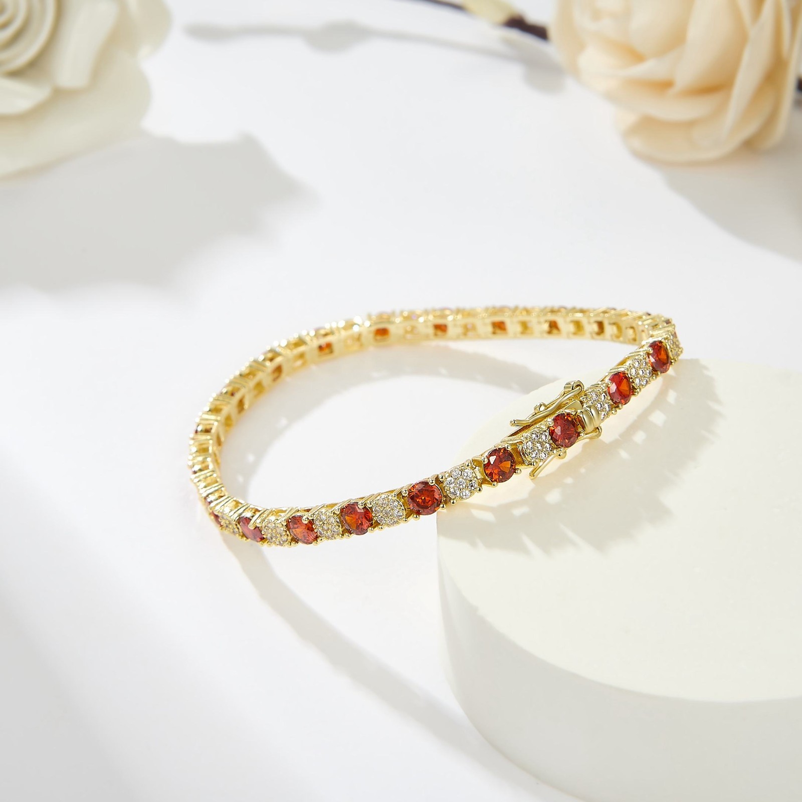 Red Garnet & White Round Cut Tennis Bracelet Elegant Sparkling Link For Women