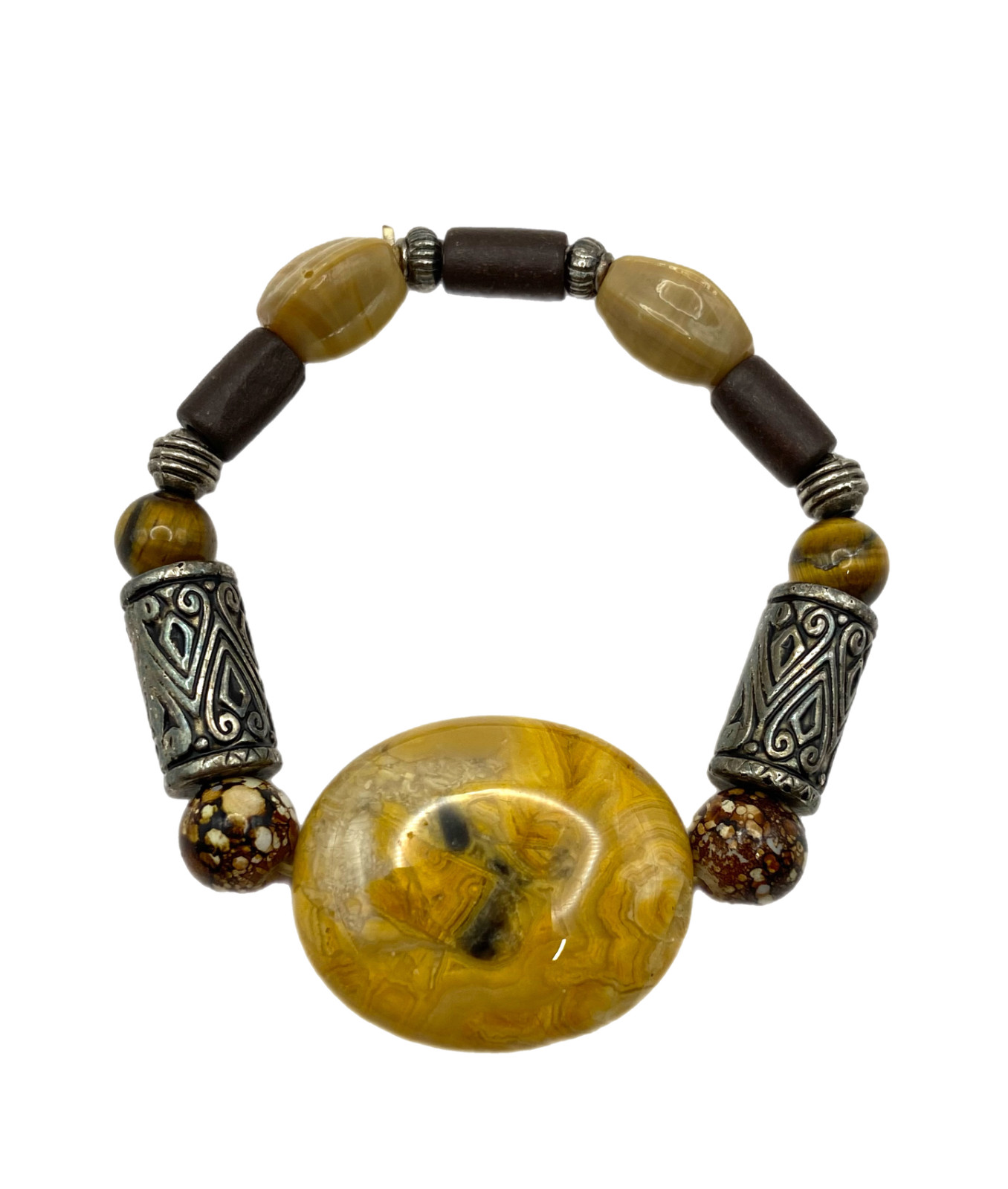 Tan Brown Orange Agate Tigers Eye Glass Stretch Bracelet Wood Beaded Silver Tone
