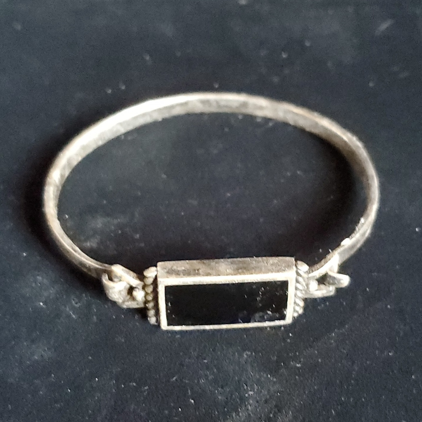 Sterling Silver Hinged Bangle Bracelet Black Rectangle Stone Bezel Black Onyx
