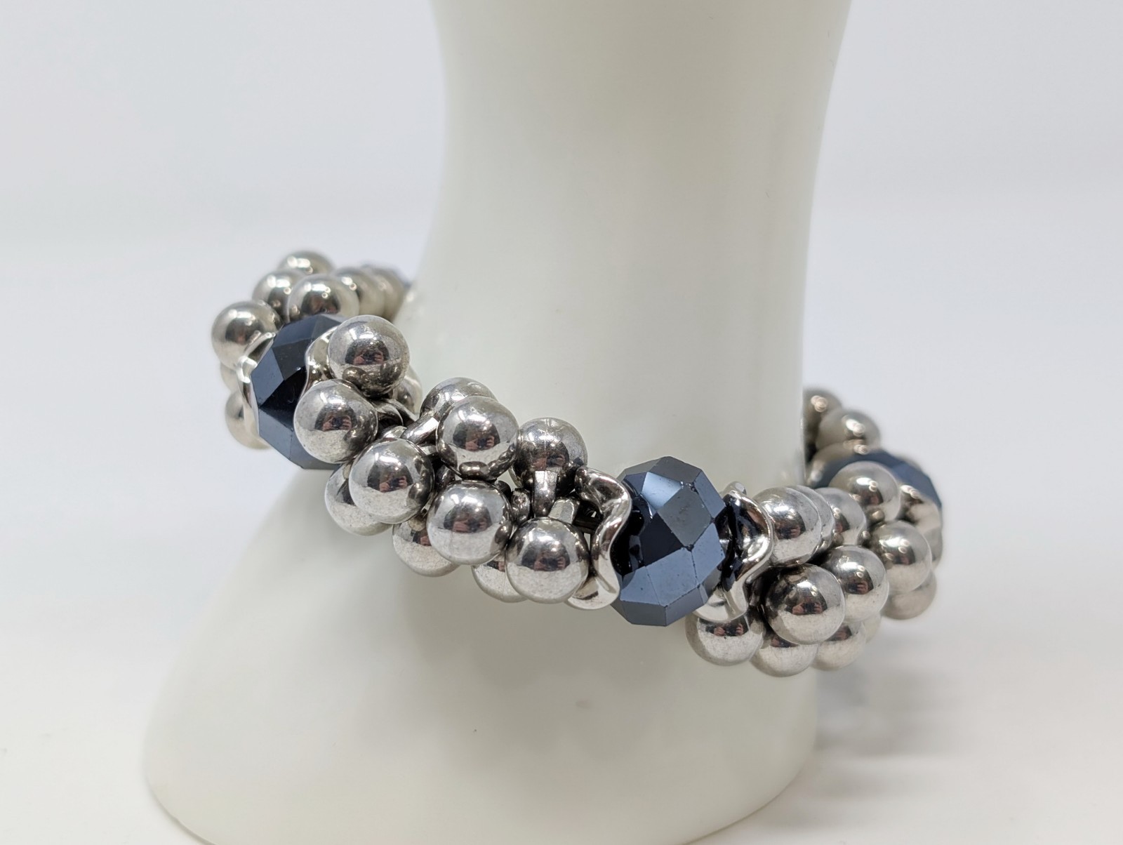 Smokey Gray Stretch Bracelet Faceted Silver Tone Round Cluster Bead