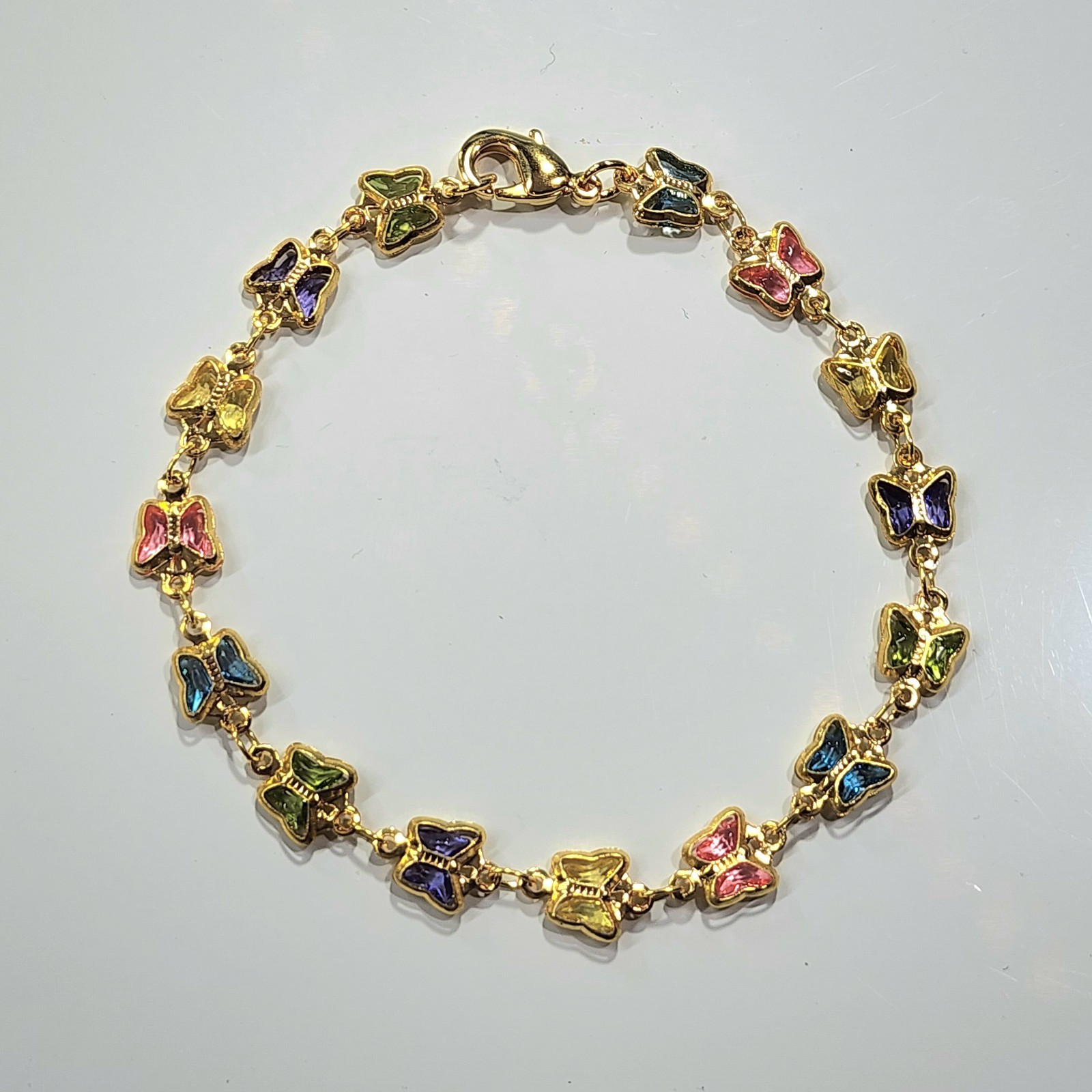 18k Gold Filled Butterfly Bracelet with Colored Stones 7.5 inch Long
