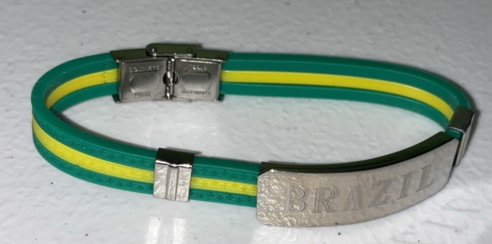 Brazil Flag Silicone Bracelet 8″ Unisex Stainless Steel Nameplate & Clasp