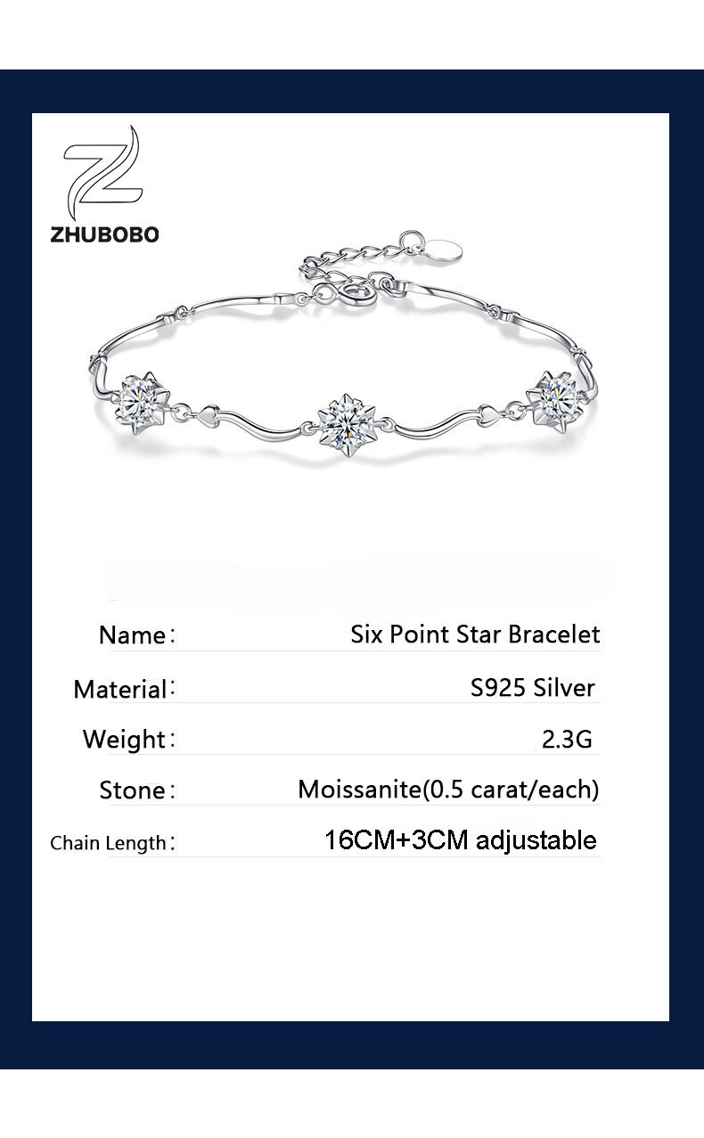 5mm/0.5ct 1.5cttw Moissanite D Color VVS1 Hexagram Snow Sterling Silver Bracelet