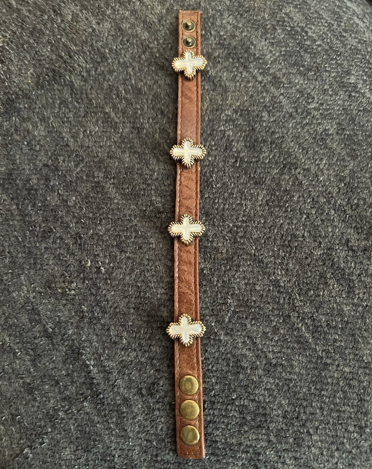 Barse Brown Leather Charm Bracelet Cross Dangle Charms Snap Closure Signed