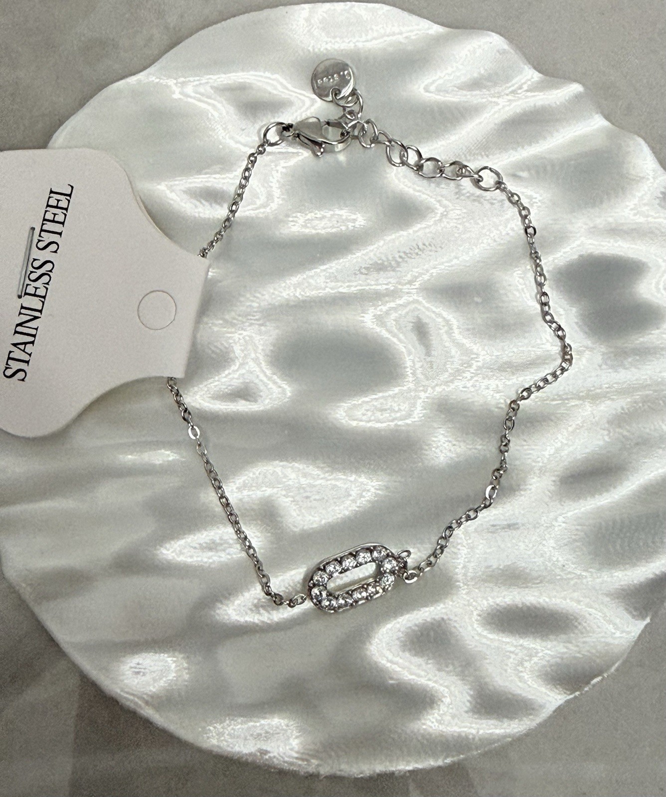 Stainless Steel Silver Tone Cable Chain CZ Oval Link Bracelet Lobster