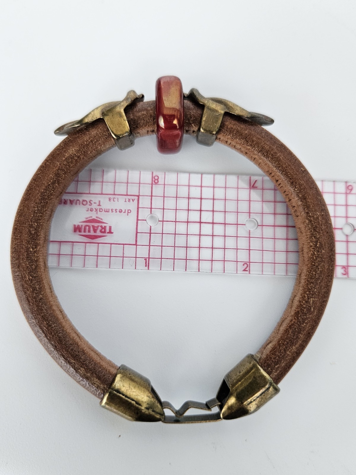Genuine Thick Leather Red Square Bead Bracelet Gold Tone Scroll & Hook Clasp