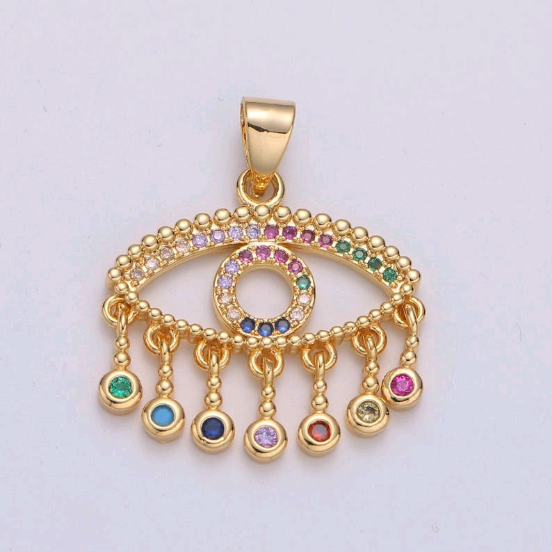 24K Gold Filled Evil Eye Micro Pave CZ Stone Bezel Charm for Statement Amulet Ne