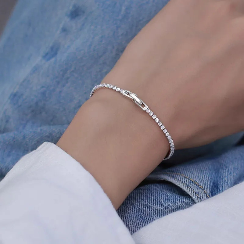 925 Sterling Silver Zircon Chain Bracelet Women Round Link Fine Classic Jewelry