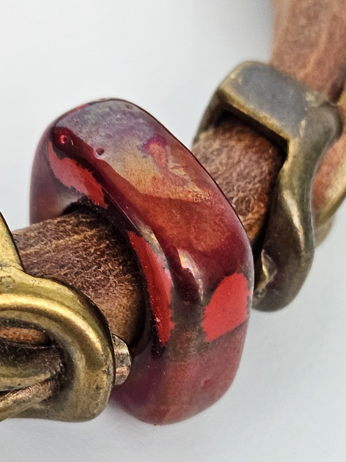 Genuine Thick Leather Red Square Bead Bracelet Gold Tone Scroll & Hook Clasp