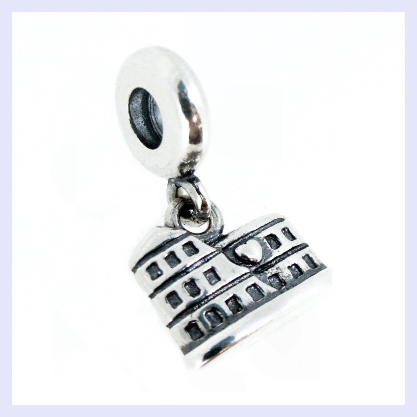 .925 Sterling Silver Rome Coliseum Dangle Heart Bead f/ European Charm Bracelet